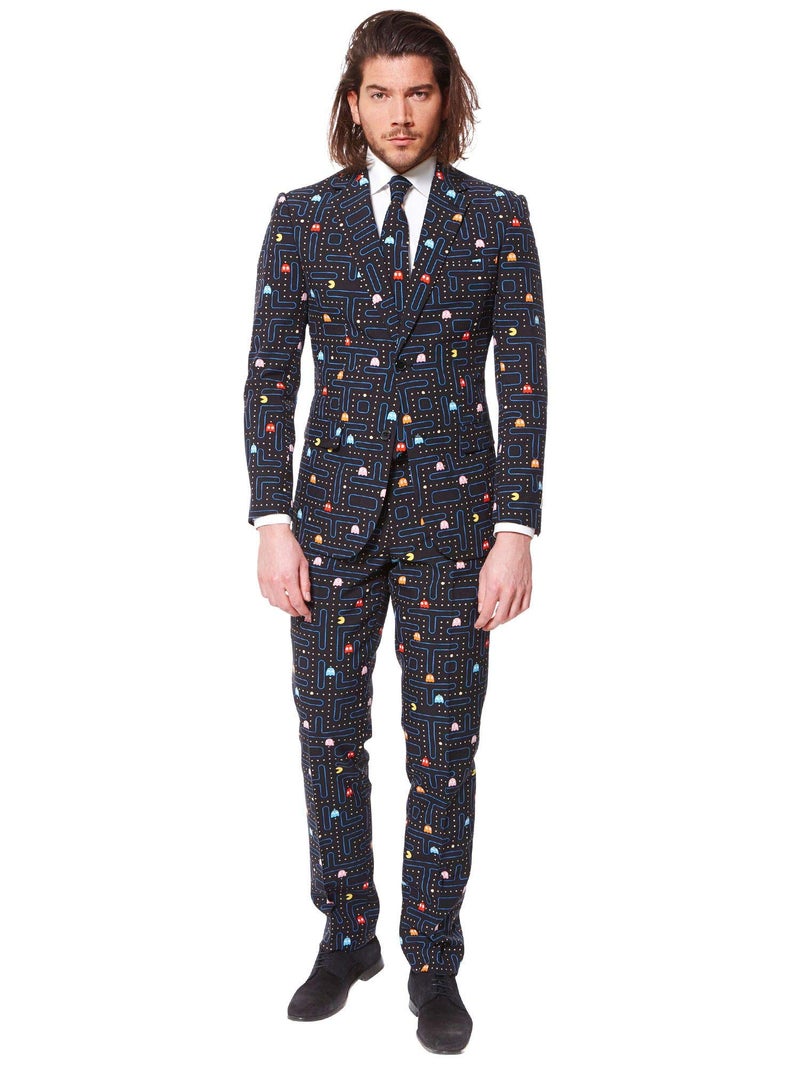 Opposuits Men's Suit - PAC-Man Pixel Arcade Game Costume - Slim Fit - Black - Includes Blazer, Pants and Tie - Image 1